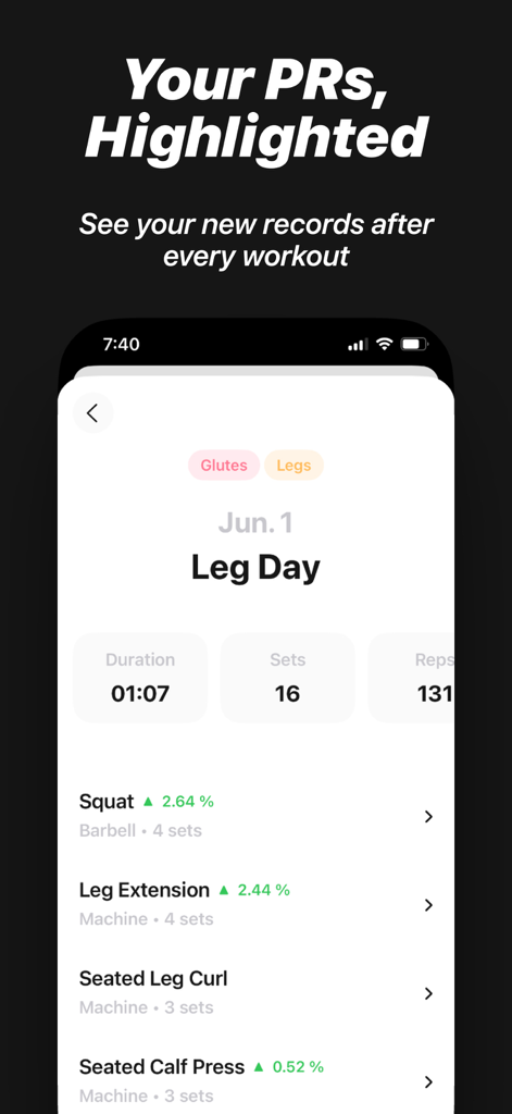 Pantalla de resumen de entrenamiento minimalista que muestra récords personales y estadísticas del gimnasio de día de piernas