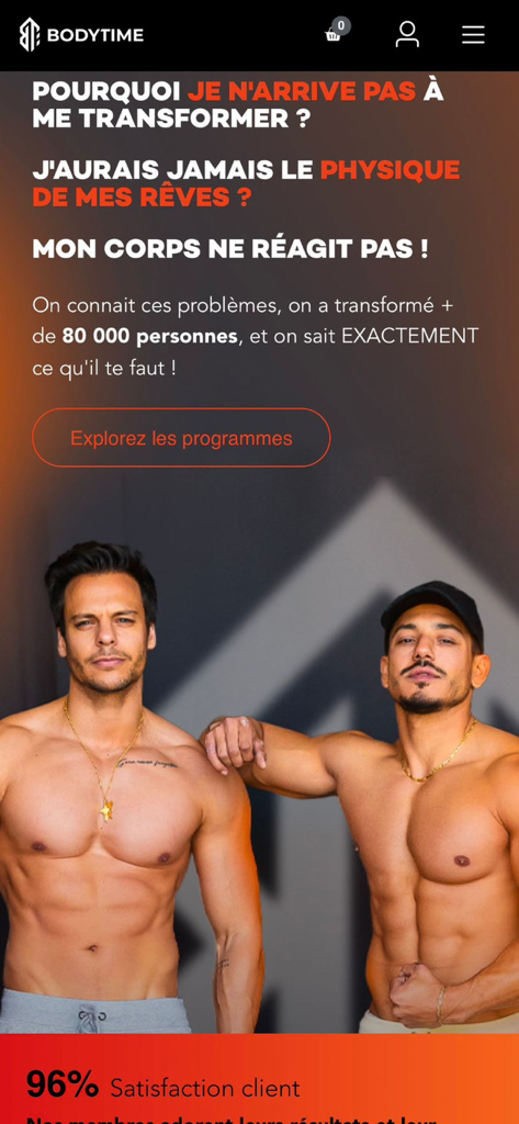 Bodytime - Bodytime fitness app landing page featuring two muscular male coaches and a call to action for body transformation programs