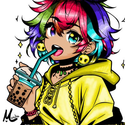 hot baddie anime girl drinking boba and biting the straw
