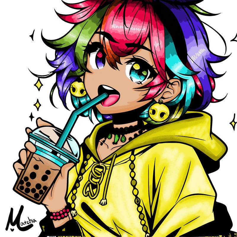 hot baddie anime girl drinking boba and biting the straw