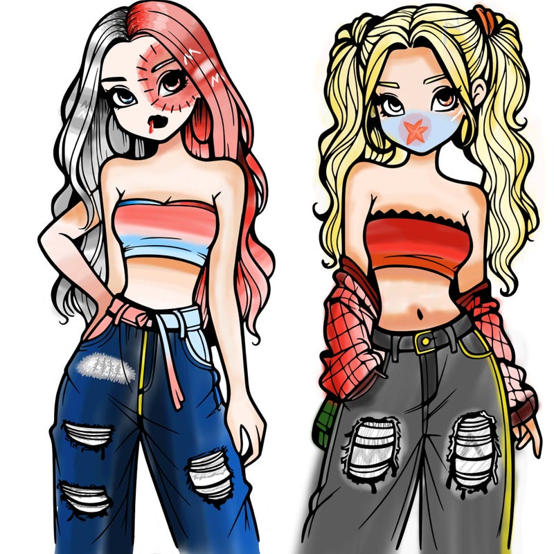 2 girls in crop tops and baggy jeans ripped