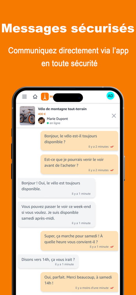 Interfaz de chat segura dentro de la aplicación entre un comprador y un vendedor en la aplicación móvil Anuncios en Francia.