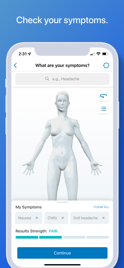 WebMD: Symptom Checker - WebMD app screenshot showing the symptom checker tool with a female body model and selected symptoms.