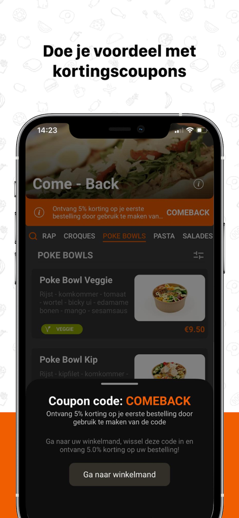 Come - Back - Interfaz de la aplicación Come - Back que muestra un código de cupón de descuento del 5 por ciento y un menú de poke bowl.