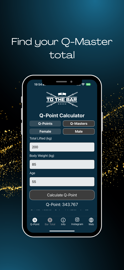Q-Points Calculator - Q Points Calculator app interface showing age adjusted strength score calculation