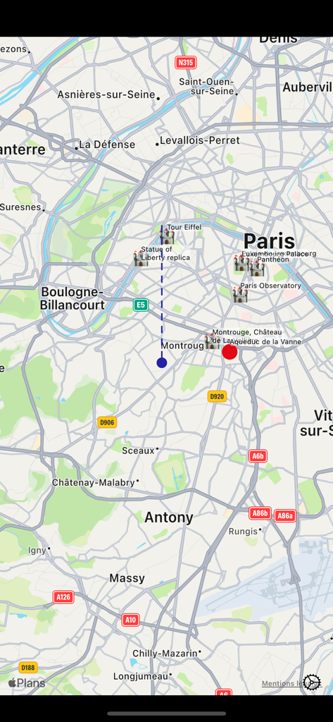 Azimuth - Orientation table - Vue cartographique d'en haut de l'application Azimut montrant des points de repère autour de Paris comme la Tour Eiffel et le Panthéon.