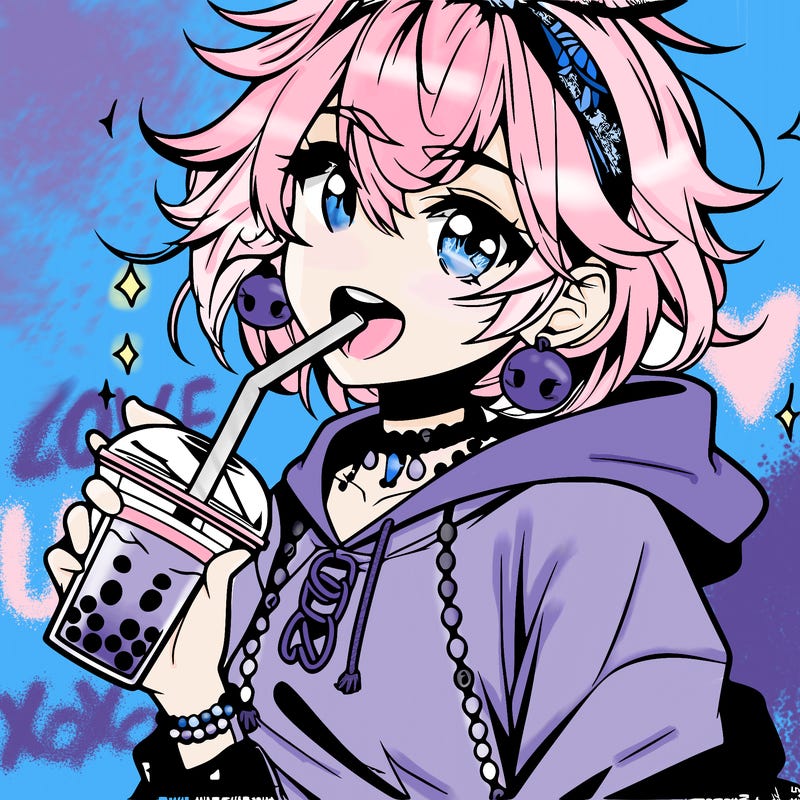 hot baddie anime girl drinking boba and biting the straw