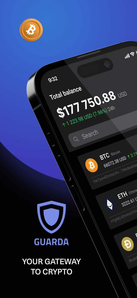 Guarda Crypto Wallet mobile app interface showing balance and portfolio overview