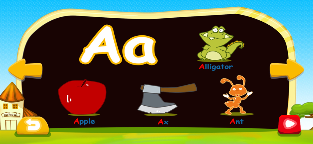 Phonics foundation - ABC Sound - Educational screen showing the letter A with illustrations of an apple, alligator, ant, and ax for kids.