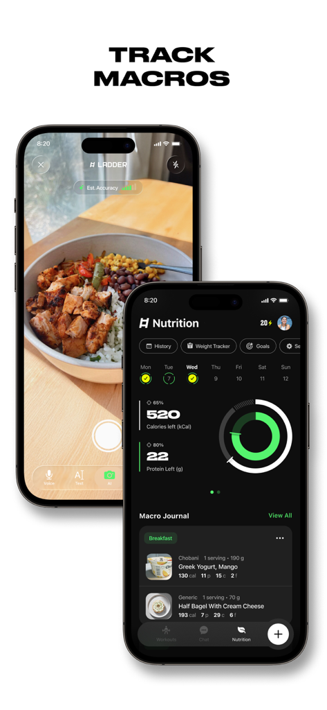Smartphone screens displaying Ladder app macro tracking and AI nutrition logging features