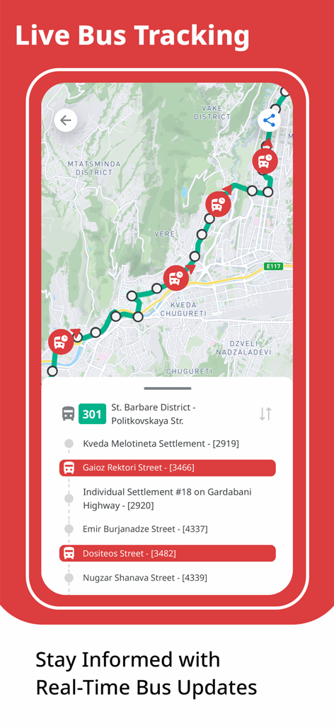 Tbilisi Transport app screenshot showing live bus tracking on a map with real-time arrival updates for bus route 301.