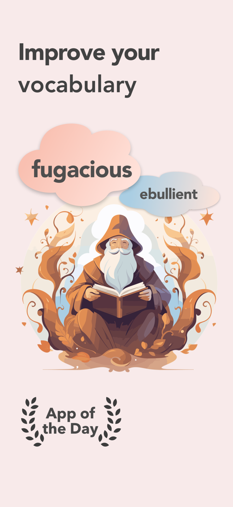 Vocabulary Builder by Atlas - Atlas Vocabulary Builderのプロモーション画面。賢いキャラクターが読書しており、「App of the Day」の賞が表示されている。