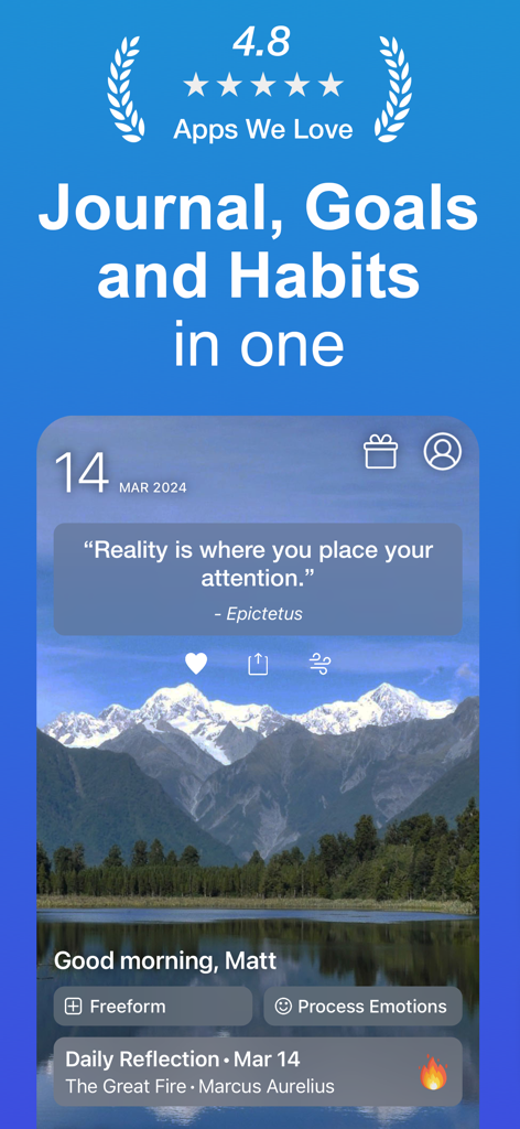 Being Me app home screen displaying a daily quote by Epictetus over a scenic mountain landscape with options for journaling and processing emotions.