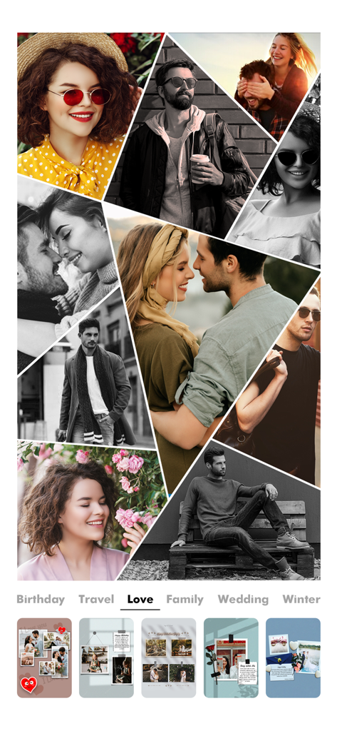 Photo Collage Maker・ - 美しい幾何学的なレイアウトとテーマカテゴリを表示するフォトコラージュアプリのインターフェース