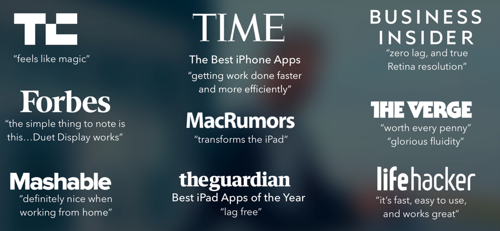 Una colección de citas y logotipos de prensa positivos de publicaciones importantes como TechCrunch, Time y The Verge sobre Duet Air