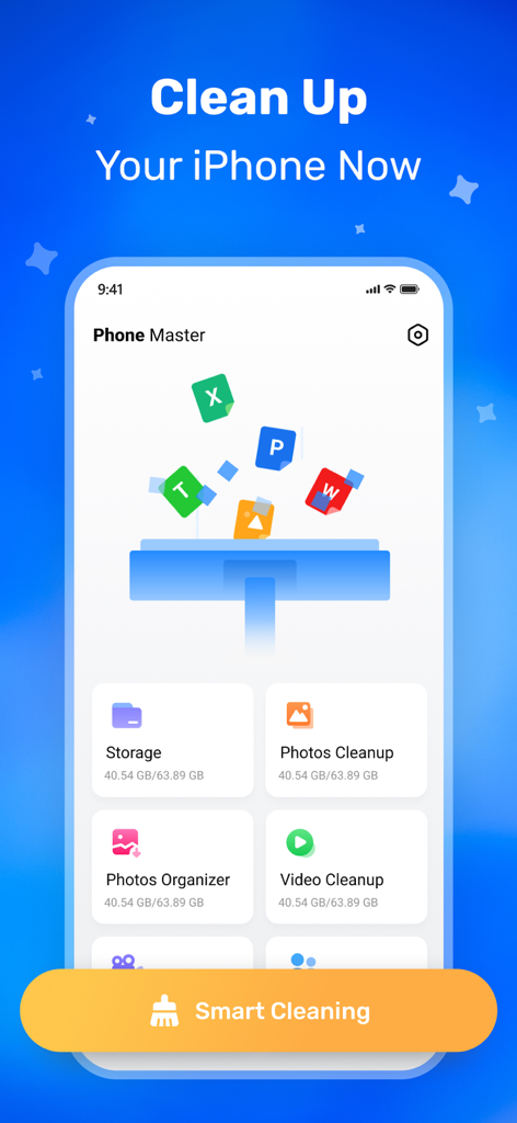 Phone Cleaner app dashboard showing storage usage and a smart cleaning button