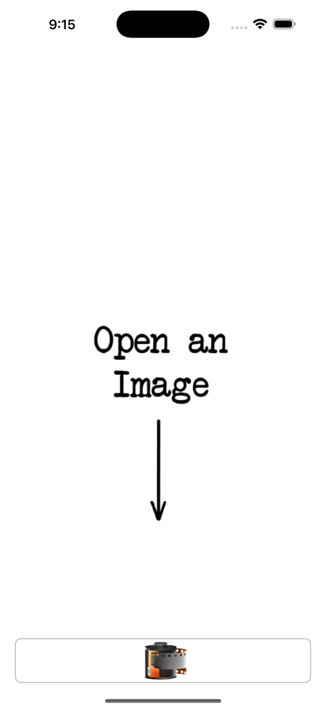 photo-meme - Uma interface simples de aplicativo móvel com o texto 'Abrir uma Imagem' e uma seta apontando para um botão com ícone de rolo de filme