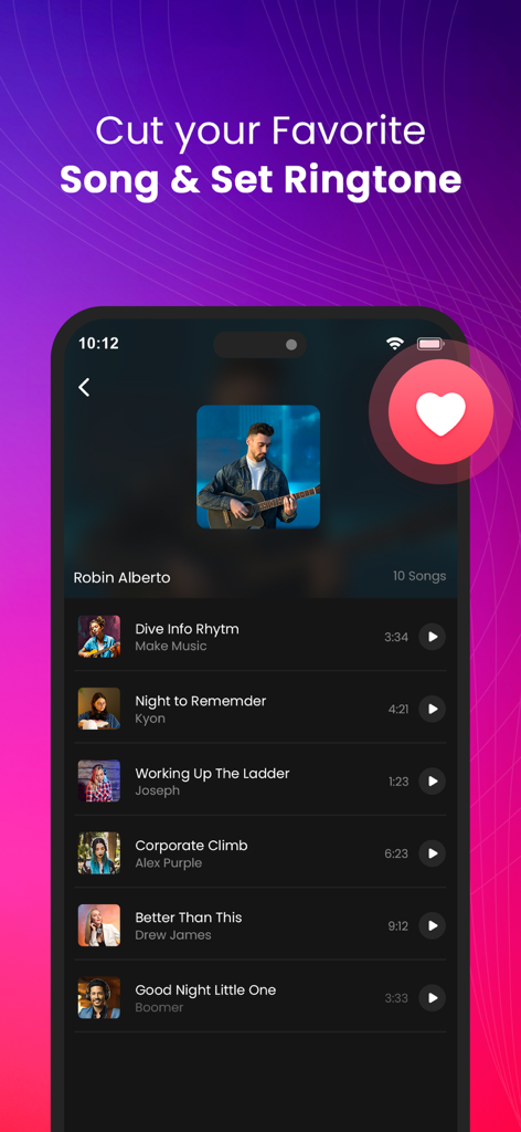 Ringtone Maker-create ringtone - Interface of the Ringtone Maker app showing a library of songs available to cut and set as custom ringtones.