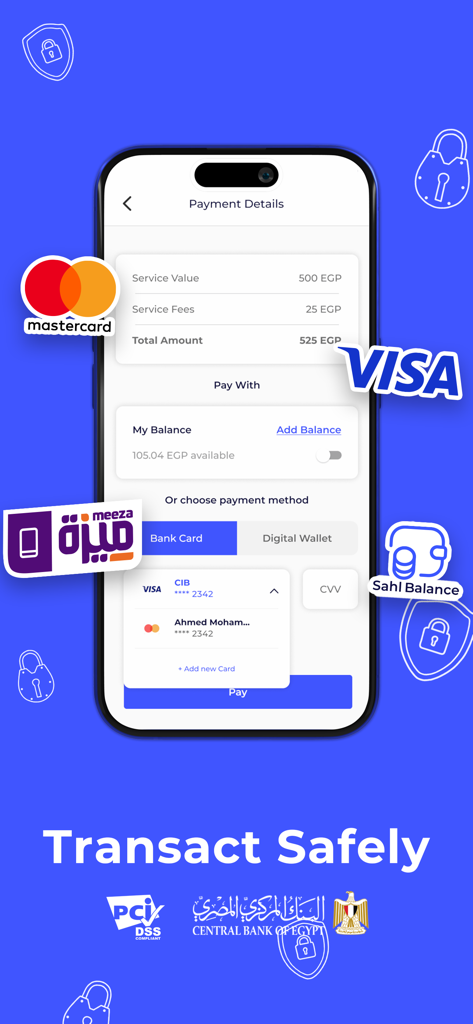 Sahl سهل - Payments Made Easy - Sahl mobile app payment details screen showing secure transaction options with Visa Mastercard and Meeza logos