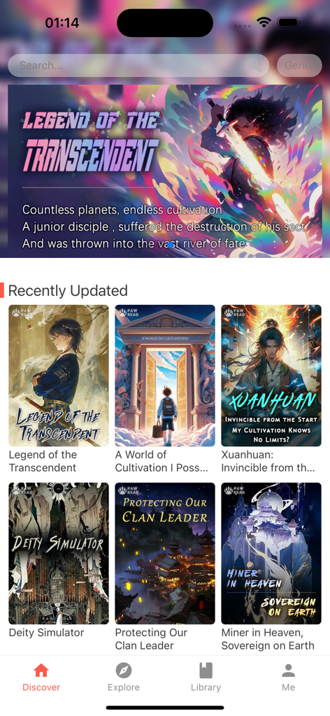 PawRead - Read Fantasy Novels - La pantalla de descubrimiento de la aplicación PawRead que muestra un banner destacado para Legend of the Transcendent y una galería de novelas de fantasía recientemente actualizadas.