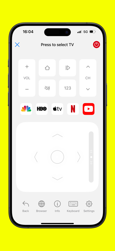 Interfaz de control remoto universal de TV de Airpin Pro mostrando botones de navegación y accesos directos a aplicaciones de streaming