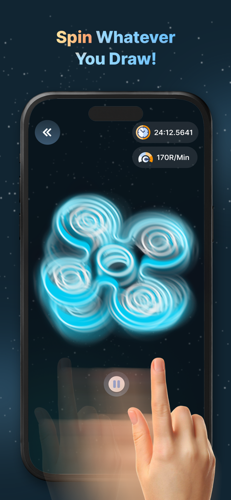 A person spinning a custom drawn blue neon glowing shape in the Finger Spinner app interface