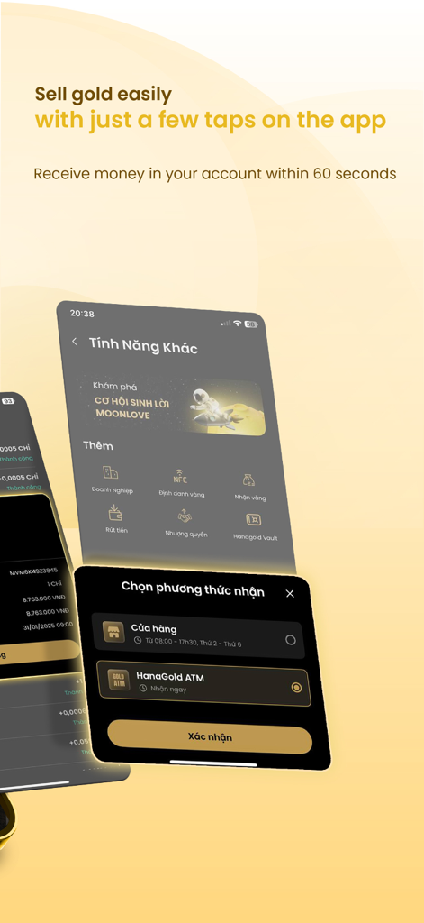 HanaGold - Buy Gold Online 24H - Écran de l'application mobile HanaGold affichant les options pour vendre de l'or et sélectionner une méthode de retrait