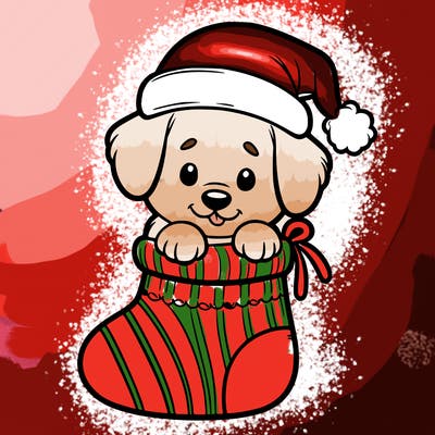 cute puppy wearing santa hat in socking