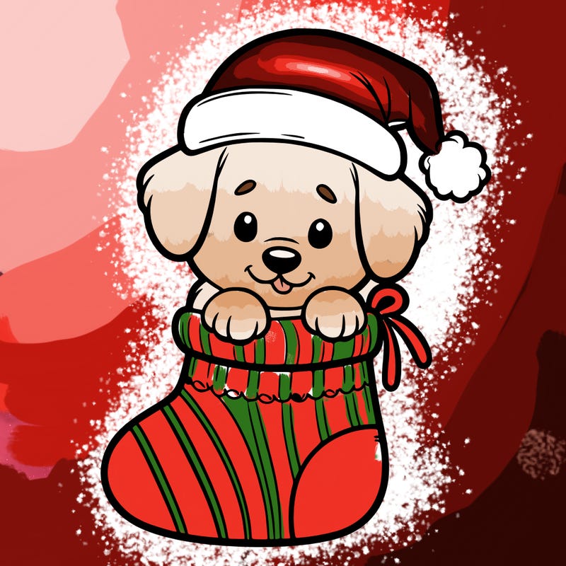 cute puppy wearing santa hat in socking