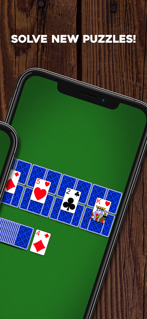 TriPeaks Solitaire: Card Game - TriPeaks Solitaire card game mobile gameplay screen showing a deal on a green background with the text solve new puzzles