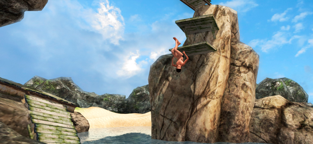Cliff Flip Diving Swimming Sim - Un personaje realizando un salto mortal en el aire desde un acantilado rocoso alto hacia el agua abajo.