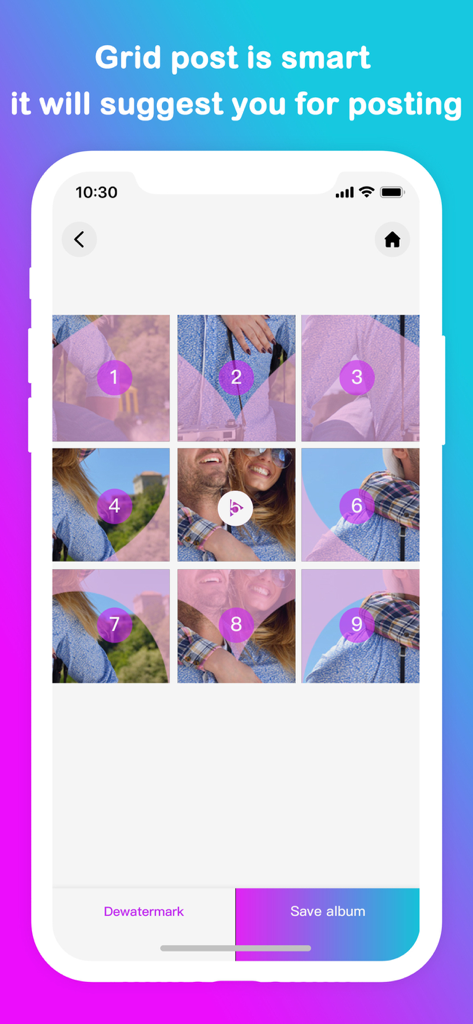 Grid Post Pic Collage Maker - A 3x3 grid of a photo with numbers indicating the order to post on social media