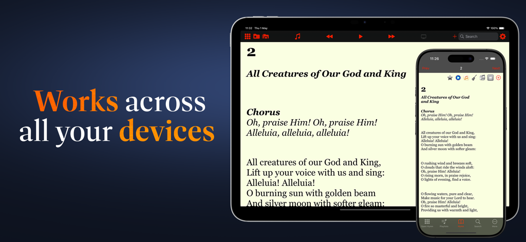 Advent Hymnal - Advent Hymnal app showing hymn lyrics on both an iPad and an iPhone