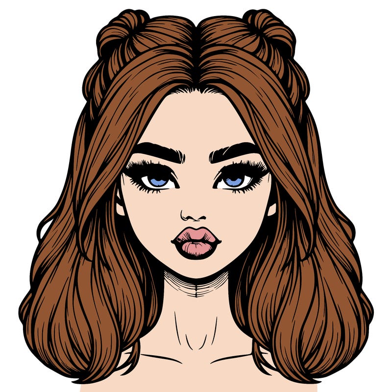 realistic girl with half up half down hair style and split down the middle with lips and a nose