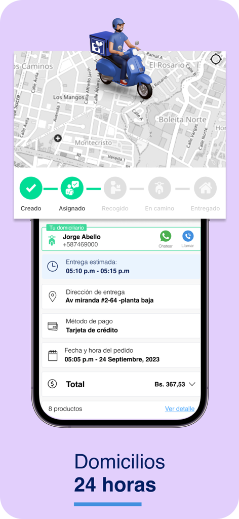 Interfaccia dell'app Farmatodo che mostra il tracciamento delle consegne in tempo reale con una mappa e i dettagli del corriere