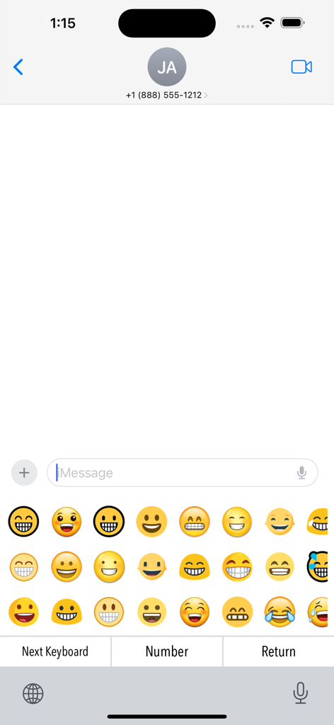 A custom emoji keyboard for iPhone showing several rows of yellow smiley face stickers within a messaging app.