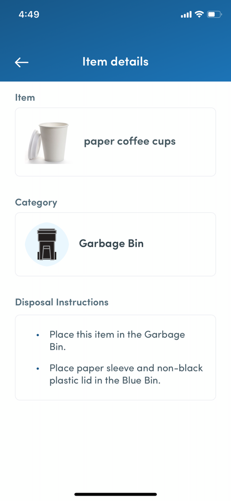 TOwaste – City of Toronto - Disposal instructions for paper coffee cups in the TOwaste app Waste Wizard