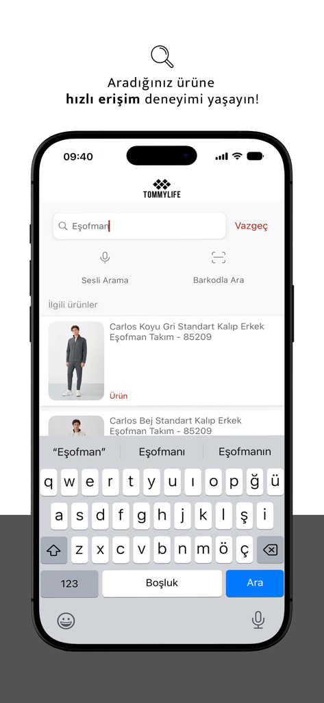 Interface de recherche de l'application mobile TommyLife avec des suggestions de produits pour les ensembles de survêtement