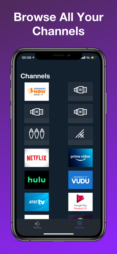 TV Remote Control For Roku - Interfaz mostrando varios canales de Roku como Netflix y Hulu en la pantalla de un smartphone