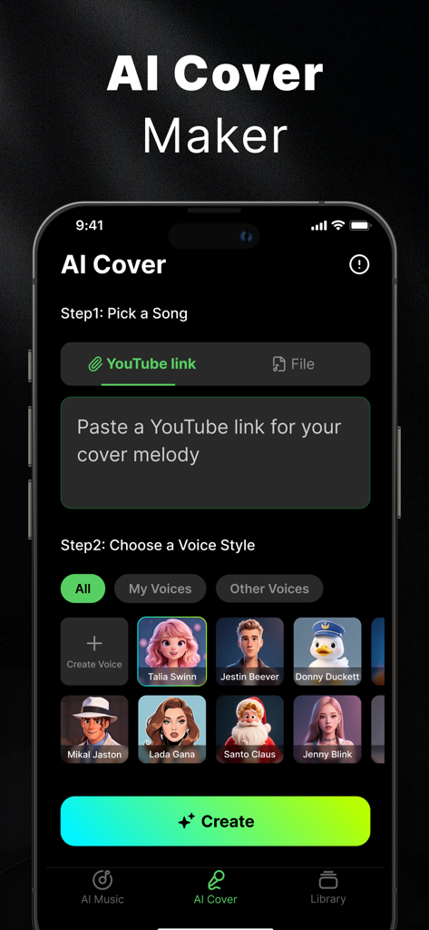 AI Cover&Music Maker ·Bach AI - Interfaz de la aplicación Bach AI que muestra los dos pasos para crear un cover de canción con IA: elegir una canción a través de un enlace de YouTube y seleccionar un estilo de voz con IA.