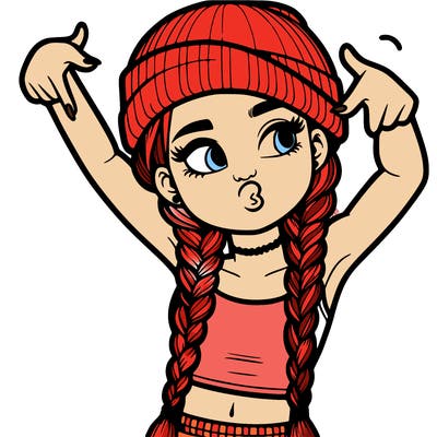 realistic teenage girl with braids and a beanie and crop top doing 🫶🏼