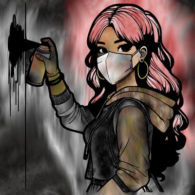 realistic girl with mask spray painting a wall