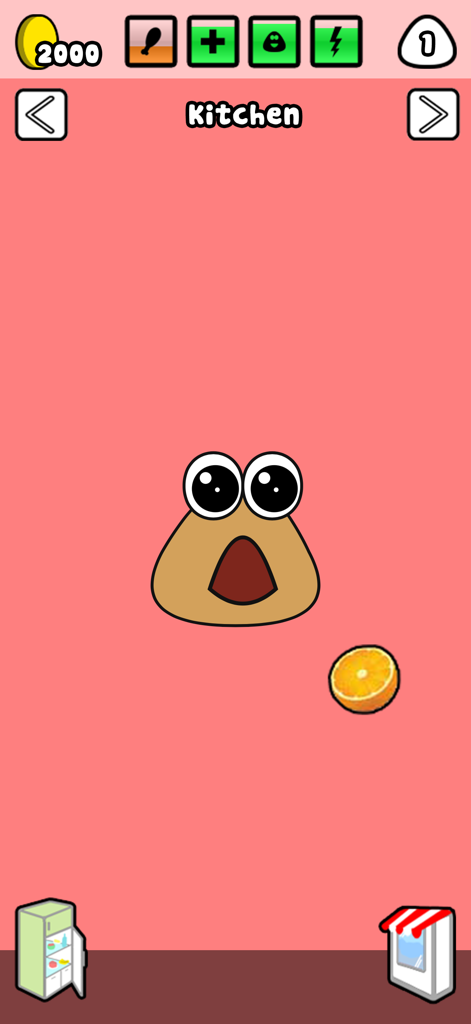 Pou, l'animal de compagnie virtuel, se fait nourrir d'une orange dans la cuisine.