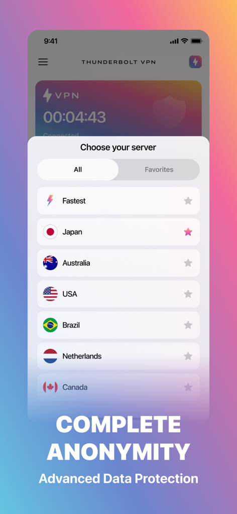 Thunderbolt VPN & Cleaner - Thunderbolt VPN app interface showing a menu to choose global server locations including Japan Australia and USA for complete anonymity