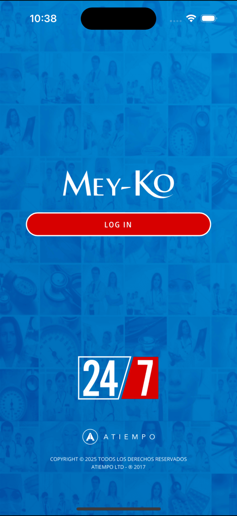 Meyko - Meyko app login screen with 24/7 medical assistance icon