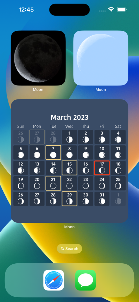 iPhone home screen with moon phase and monthly lunar calendar widgets