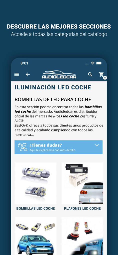 Audioledcar Accesorios Coche - Audioledcar app che mostra categorie per lampadine LED per auto e accessori di illuminazione