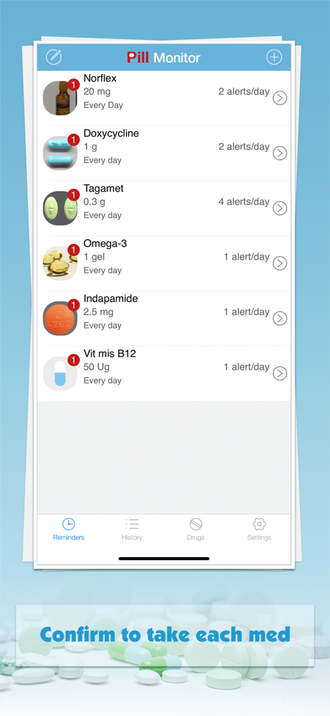Pill Monitor Pro app interface showing a list of daily medications with dosage details and pill photos.