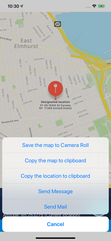 iLocation app map interface showing a pinned address in New York and options to share or save the location.