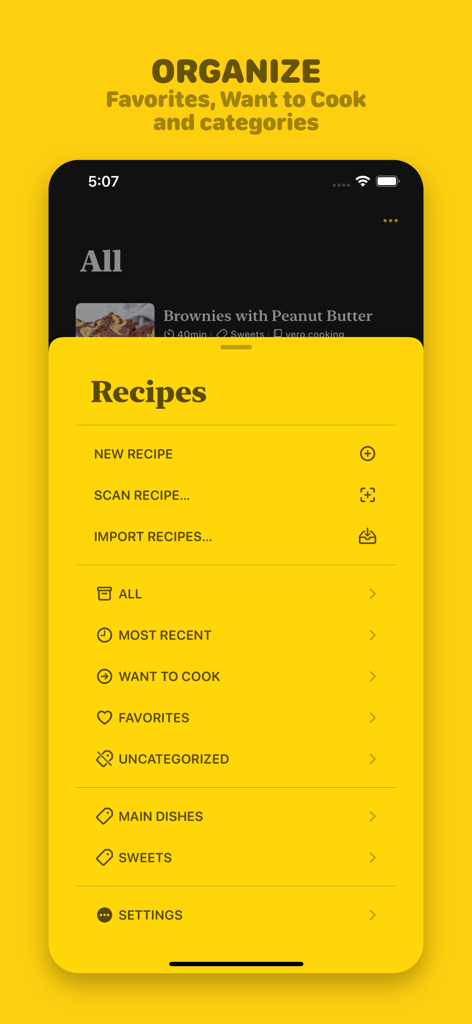 Mela - Recipe Manager - Mela recipe manager app interface showing the organization menu with categories like favorites and want to cook